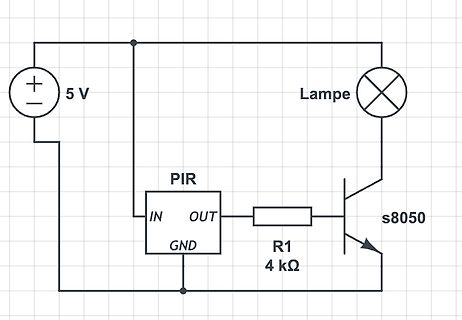 Schaltplan mit PIR-Sensor, Lampe und Transistor