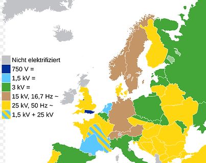 Karte der elektrischen Oberleitungsspannungen in Europa