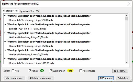 ERC-Fehlermeldungen in einer Elektronik-Software