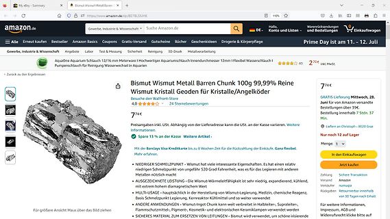 Amazon-Produktseite für Bismut Wismut Metall Barren