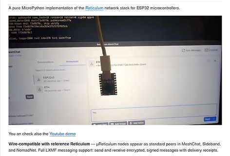 Abfotografierter Bildschirm mit MeshChat und ESP32 Mikrocontroller