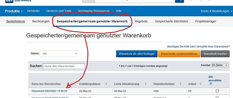 Screenshot einer Webseite mit Warenkorb-Verwaltung