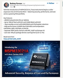 LinkedIn Post über Texas Instruments MSPM33C321A Mikrocontroller