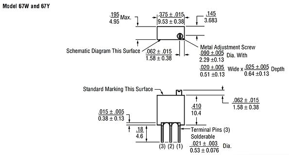 Technische Zeichnung eines Bauteils Model 67W und 67Y