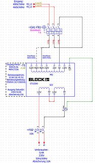 Schaltplan eines Transformators mit Schütz und Sicherungen