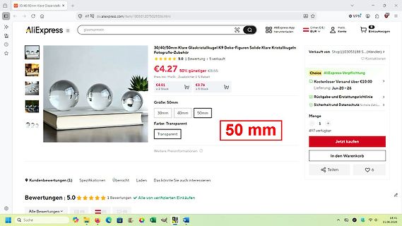 AliExpress Produktseite für Glaskristallkugeln