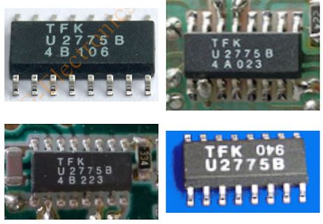 Vier Fotos von TFK U2775B integrierten Schaltkreisen