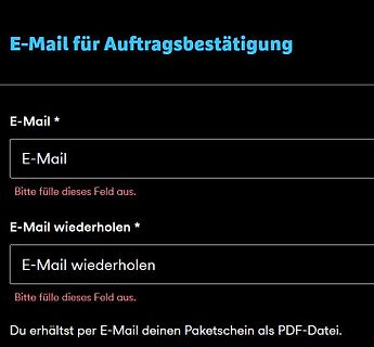 E-Mail Eingabemaske für Auftragsbestätigung