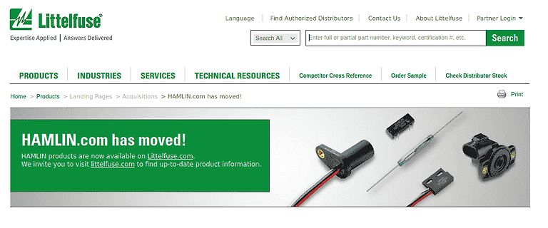 Screenshot der Littelfuse Webseite mit Hinweis auf Firmenübernahme