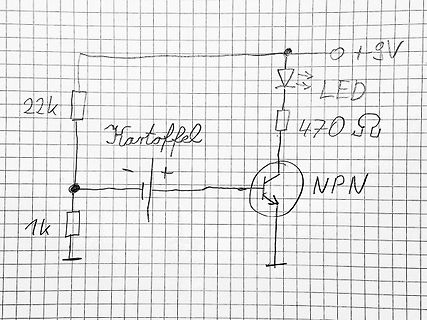Handgezeichneter Schaltplan mit Kartoffel als Widerstand