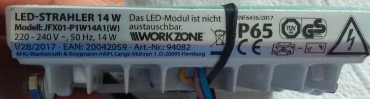 Typenschild eines LED-Strahlers