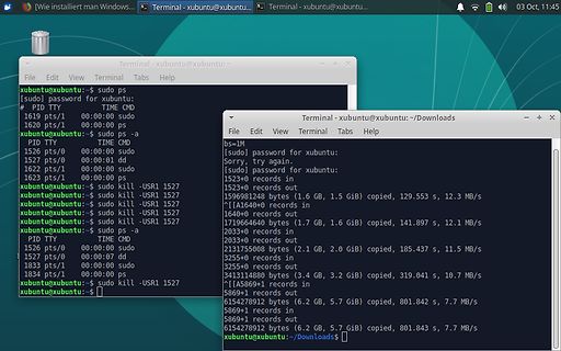 Terminal-Fenster mit Linux-Befehlen und dd-Ausgabe