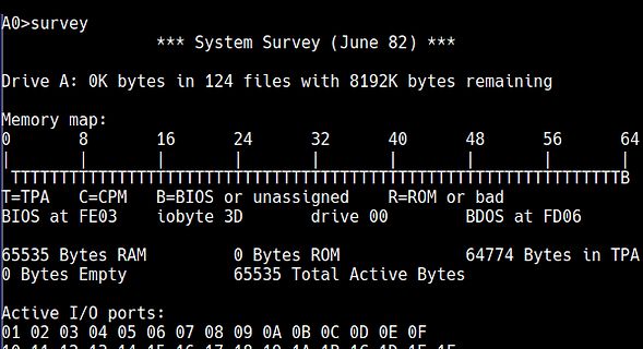 System Survey Anzeige eines CP/M Betriebssystems