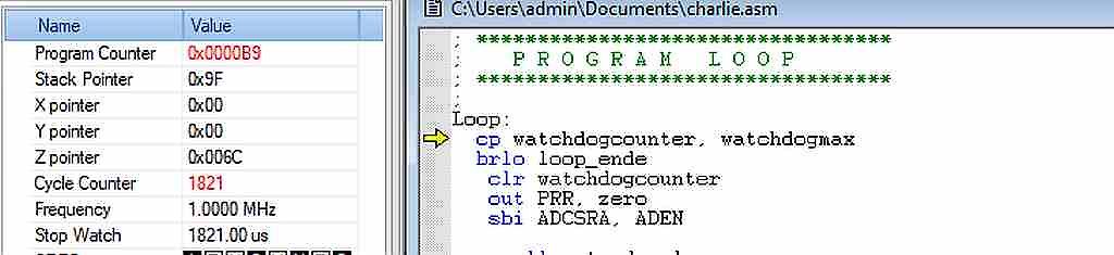Debugger Ansicht eines Assembler-Programms