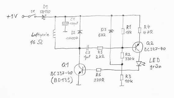 Handgezeichneter Schaltplan einer Schaltung mit Transistoren und LED