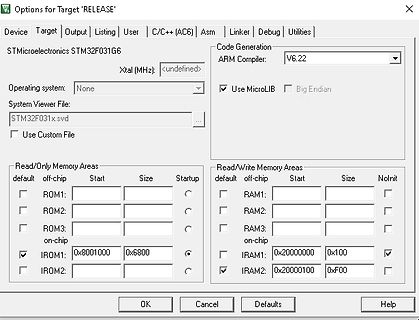 Einstellungen für STM32F031G6 Target Release