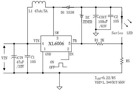 Schaltplan eines LED-Treibers mit XL6006
