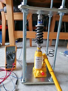Versuchsaufbau mit Hydraulikheber, Feder und Multimeter