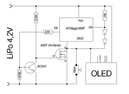 Schaltplan mit ATmega168P, OLED und MOSFET