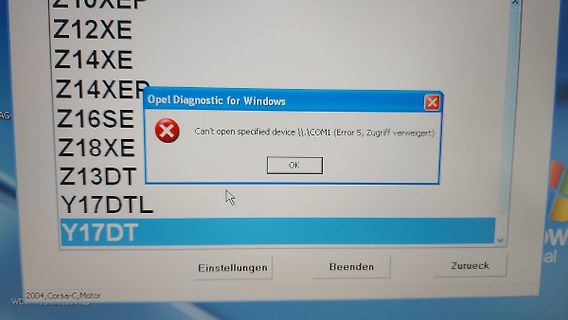 Fehlermeldung Opel Diagnostic Software auf Monitor