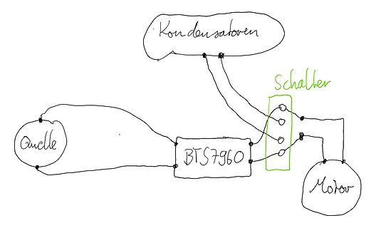 Handgezeichneter Schaltplan mit Kondensator, Schalter, Quelle, Motor und BTS7960