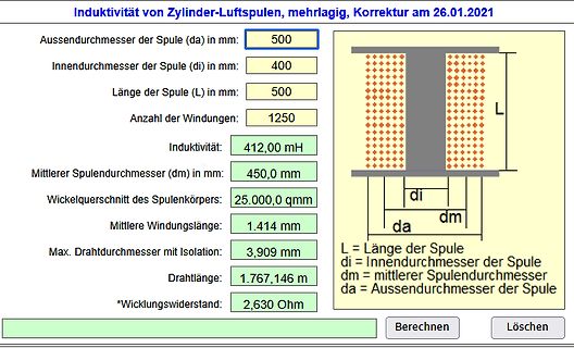 Rechner für Induktivität von Zylinder-Luftspulen