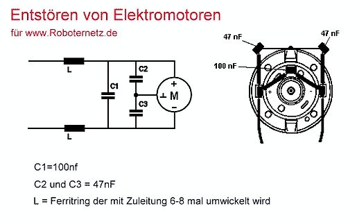 Schaltplan und Zeichnung zur Entstörung von Elektromotoren