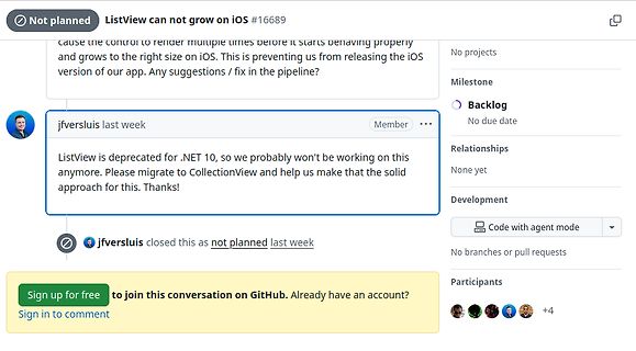 GitHub Issue Diskussion über ListView auf iOS