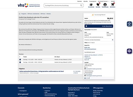 Kursseite der VHS Hamelin-Pirmont für einen Computer-Kurs
