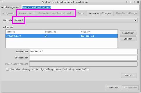 Einstellungen einer Funknetzwerkverbindung