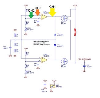 Schaltplan einer Treiberbeschaltung mit MOSFETs und Operationsverstärkern