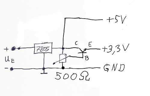 Handgezeichneter Schaltplan mit 7805 und Transistor