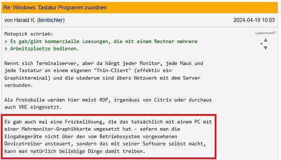 Screenshot eines Forenbeitrags über Terminalserver und RDP