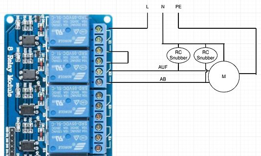 Schaltplan Relaismodul mit Motor und RC-Gliedern