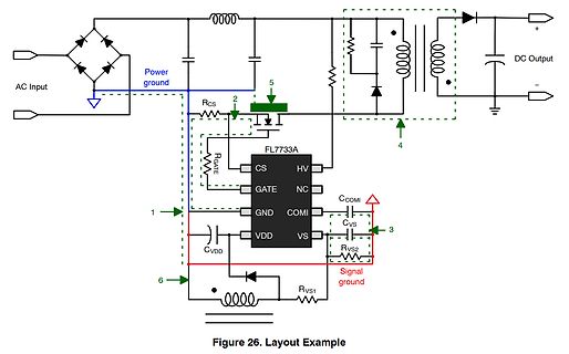 Schaltplan eines Schaltnetzteils mit Layout-Beispiel