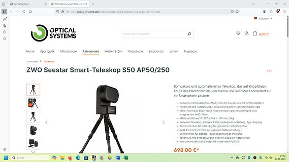 Webseite eines Online-Shops für Teleskope