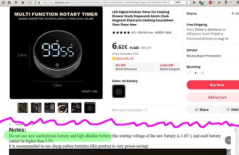 Screenshot eines AliExpress-Produkteintrags für einen digitalen Küchentimer