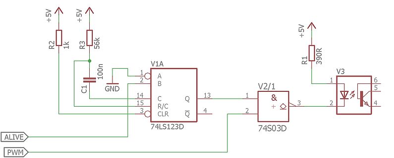 Schaltplan mit Monoflop 74LS123D und Inverter 74S03D