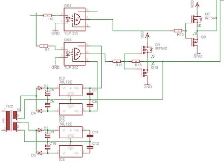 Schaltplan mit Optokopplern, MOSFETs und Spannungsreglern