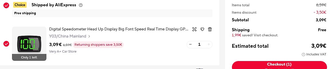 AliExpress Warenkorb mit Digital Speedometer