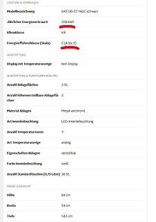 Technische Daten eines Kühlschranks