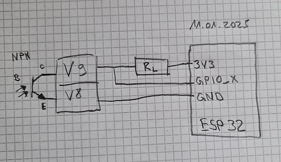 Handgezeichnetes Blockschaltbild mit NPN-Transistor und ESP32
