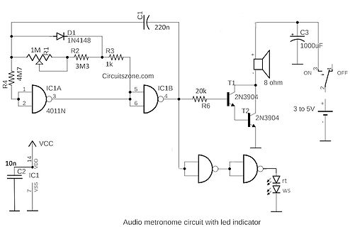 Schaltplan eines Audio-Metronoms mit LED-Anzeige