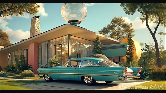 Retro-Futuristische Hauslandschaft mit Oldtimer