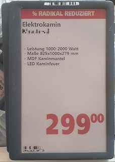 Preisschild eines Elektrokamin