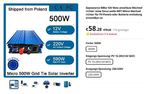 Produktseite eines 500W Micro Grid Tie Solar Inverters