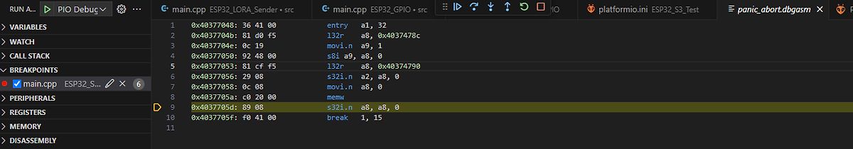Disassembly Ansicht eines ESP32 Debuggers