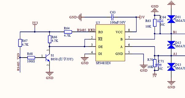 Schaltplan eines RS485-Transceivers mit Schutzbeschaltung