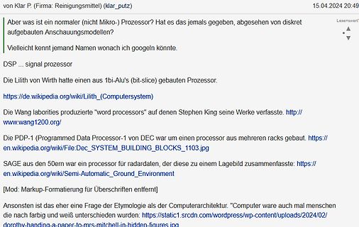 Screenshot eines Forenbeitrags über historische Prozessoren