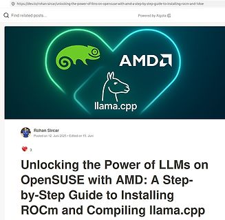 Screenshot eines Blogartikels über LLMs auf OpenSUSE mit AMD
